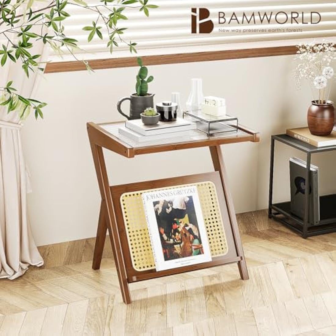 Bamworld Boho Rattan Side Table | Bamboo & Glass Z-Shaped Nightstand