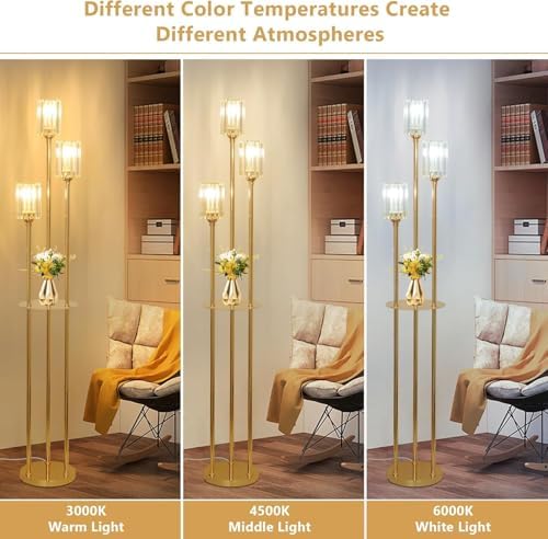 Rayofly Modern Gold Floor Lamp with Shelves | 3-Light Crystal Standing Lamp