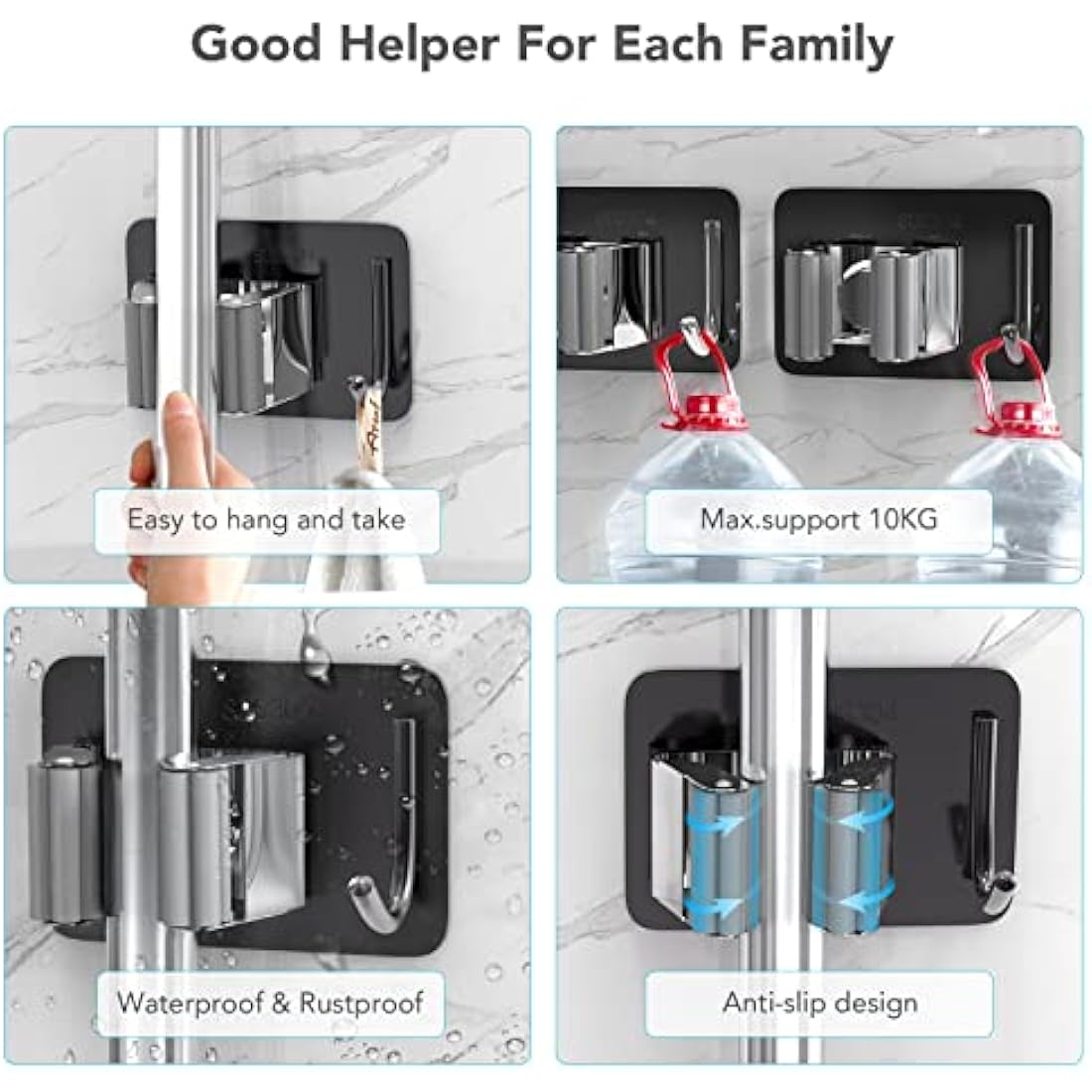 Homeasy Mop and Broom Holder | 4 Pcs Stainless Steel Wall Mount Hanger