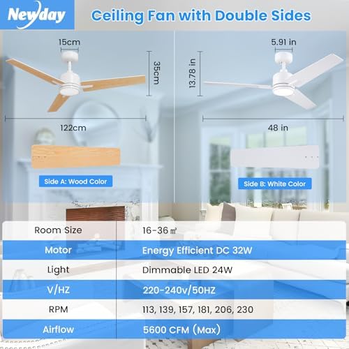 Newday 48" White Ceiling Fan with Dimmable LED Light and Remote Control