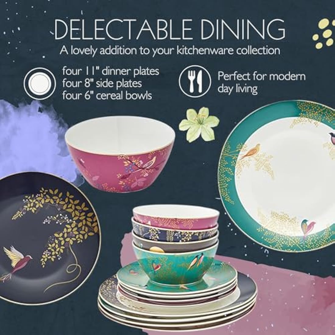 Sara Miller London Chelsea 12-Piece Porcelain Tableware Set | Gold