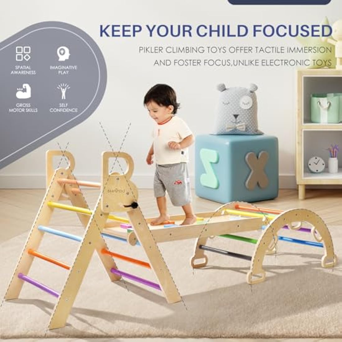 7-in-1 Foldable Wooden Montessori Toddler Climber – Rainbow