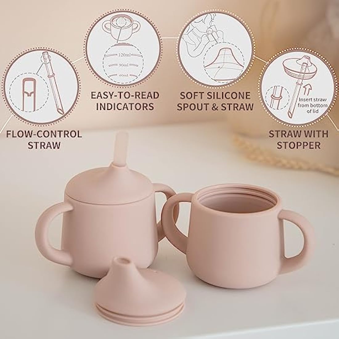Moonkie Silicone Baby Sippy Cup | 3-Stage Transition Straw Cup, 4oz – Blush