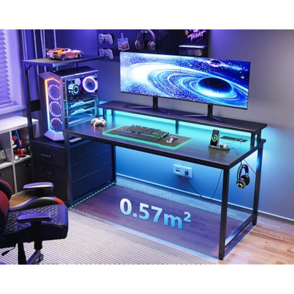 Coleshome Gaming Desk with LED Lights, Power Outlet & Drawers – 150cm