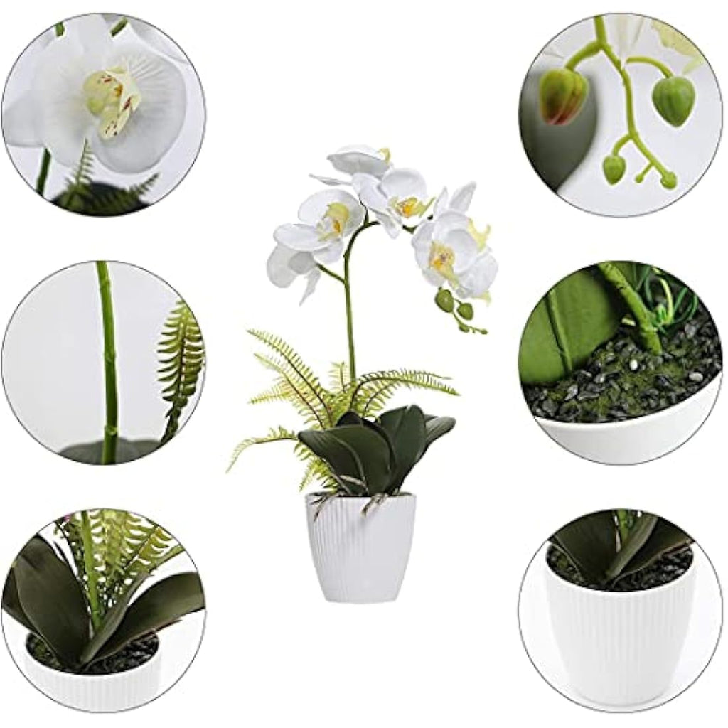 Artificial White Orchid – 17" Potted Faux Phalaenopsis Bonsai