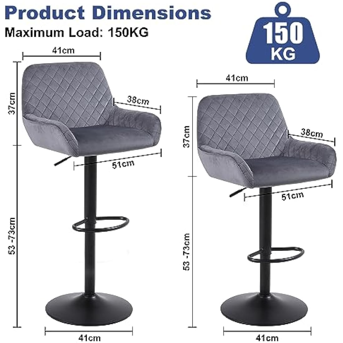 Jolof Store Velvet Swivel Bar Stools Set of 2 | Adjustable Grey Chairs