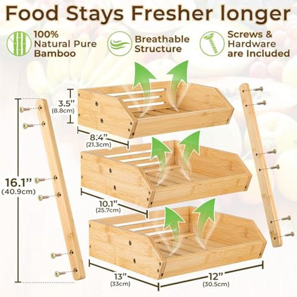 Golden Nature 3-Tier Bamboo Fruit Basket – Kitchen Countertop Organizer