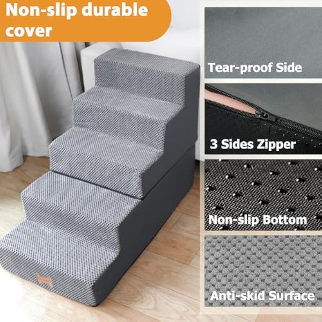 Nepfaivy 5-Step Dog Stairs for High Bed – Non-Slip Foam Pet Ramp