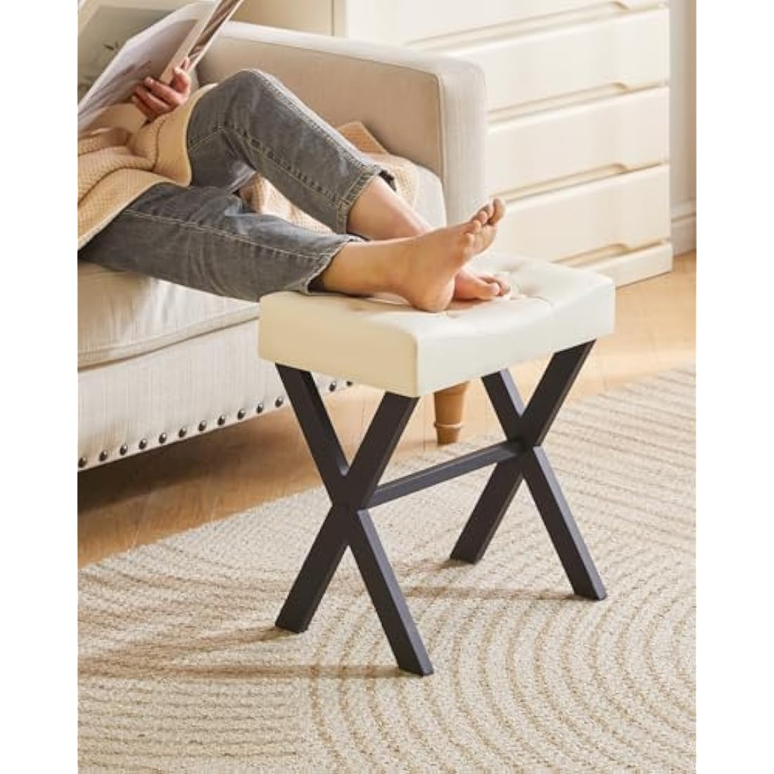 IBUYKE U-Shaped Vanity Stool | White PU Leather Makeup Ottoman with X-Leg