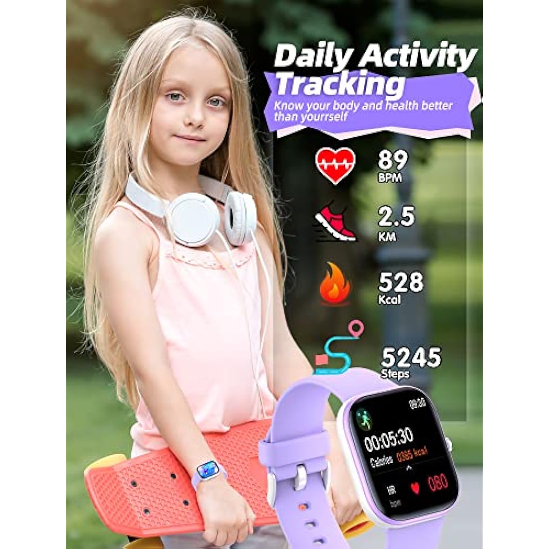 Slothcloud Kids Smart Watch – IP68 Waterproof Fitness Tracker, Purple