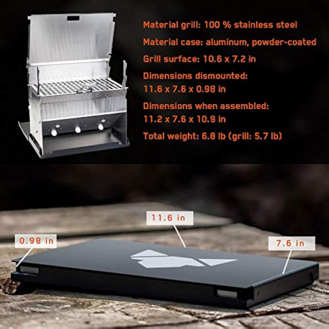FENNEK Portable Charcoal Grill – Stainless Steel Outdoor Picnic BBQ