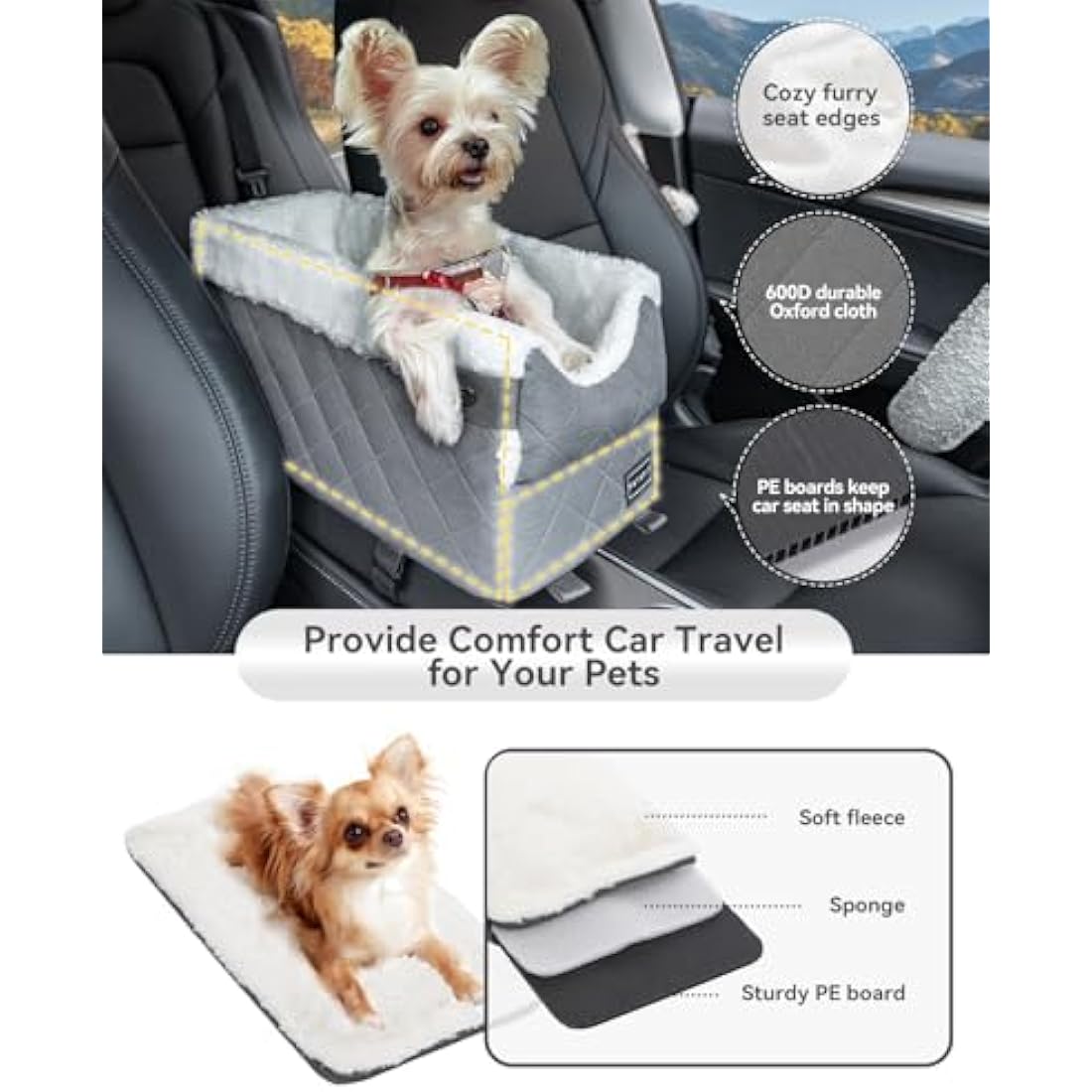 Petsfit Center Console Dog Car Seat – Small Pet Booster with Safety Hooks