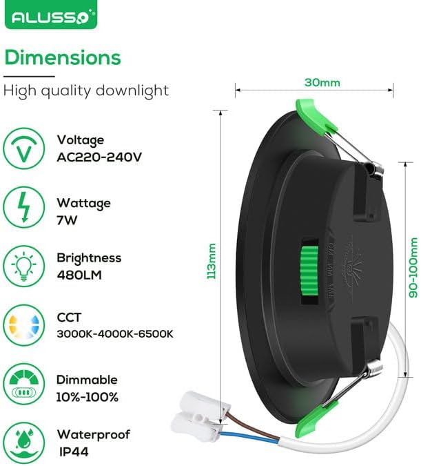 ALUSSO LED Recessed Downlights – 7W Ultra Slim IP44 Dimmable Black, 6 Pack