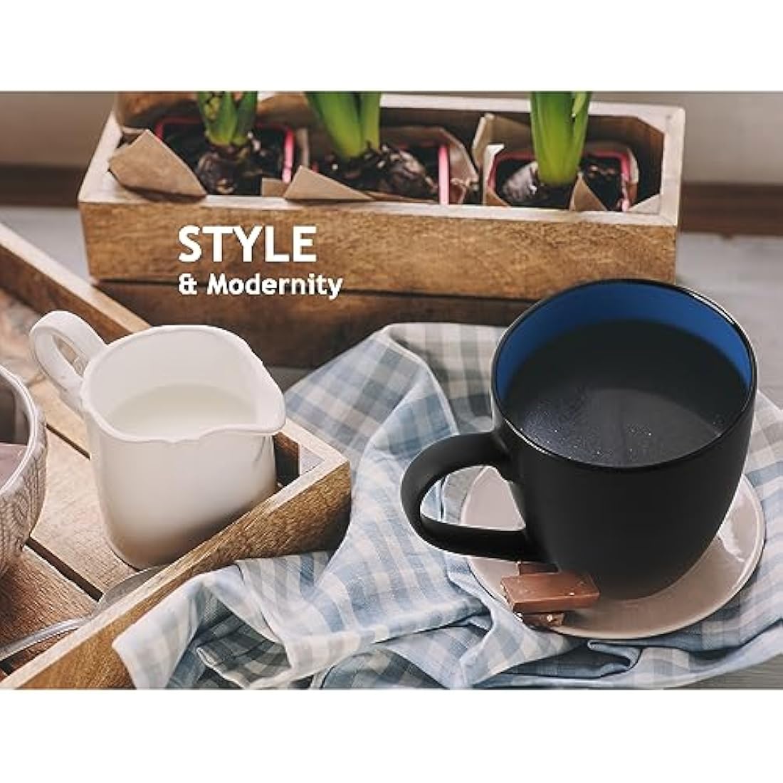MIAMIO Stoneware Coffee Mug Set - 6 Piece 350ml Matte Black & Blue