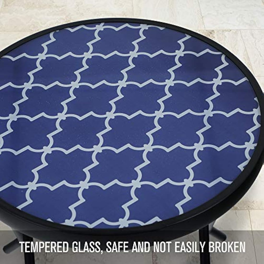 PHI VILLA Folding Side Table – Tempered Glass Round Patio Table, Blue