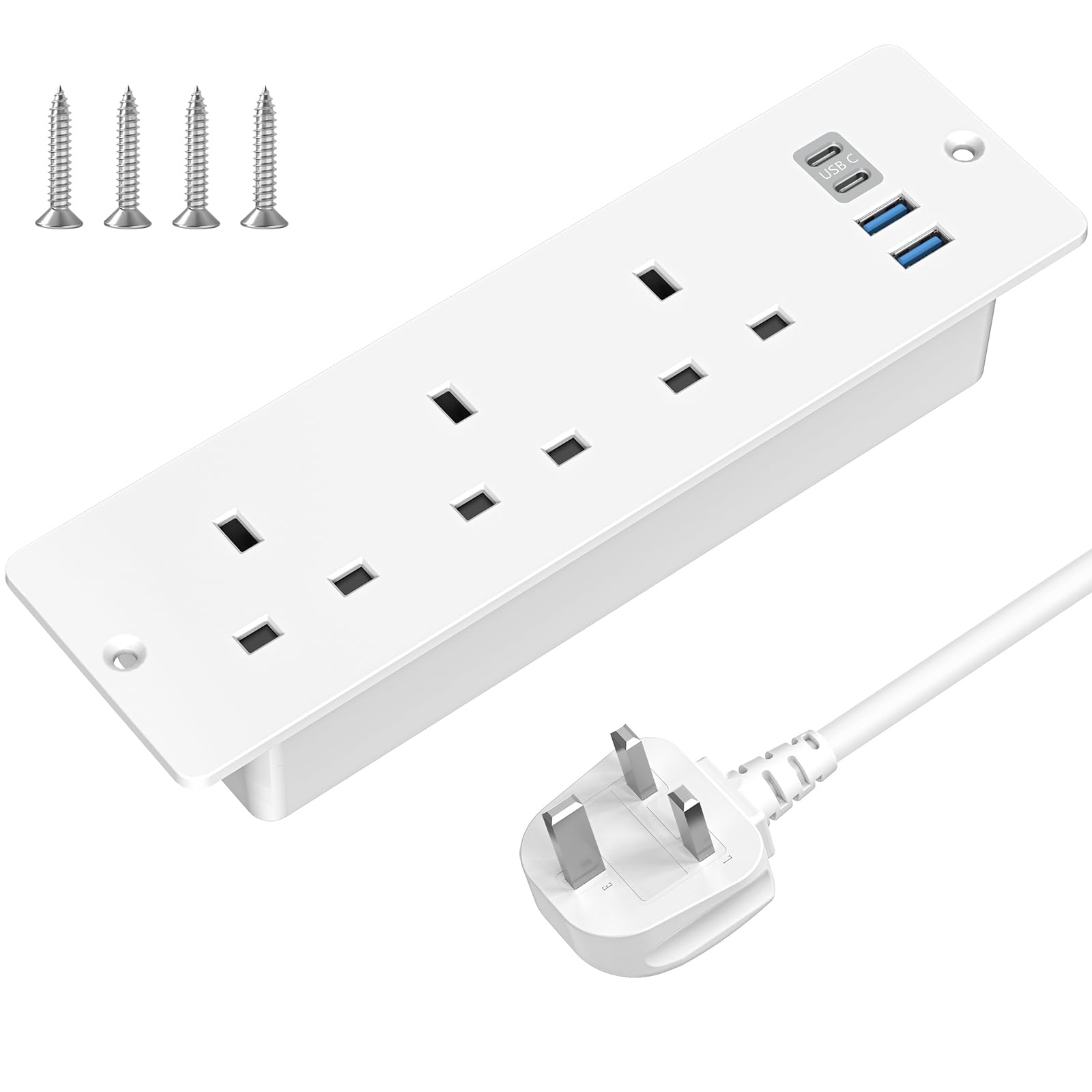 ANVODE Recessed Desktop Power Strip | 3 Sockets, 4 USB Ports, 2M Cable