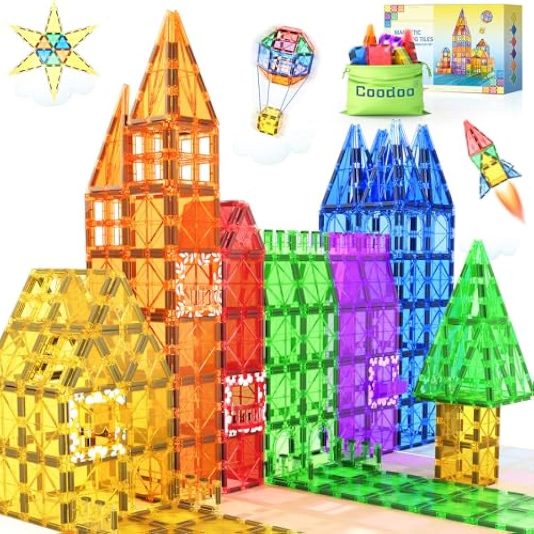 Coodoo 60 PCS Magnetic Building Tiles – STEM Sensory Blocks for Kids