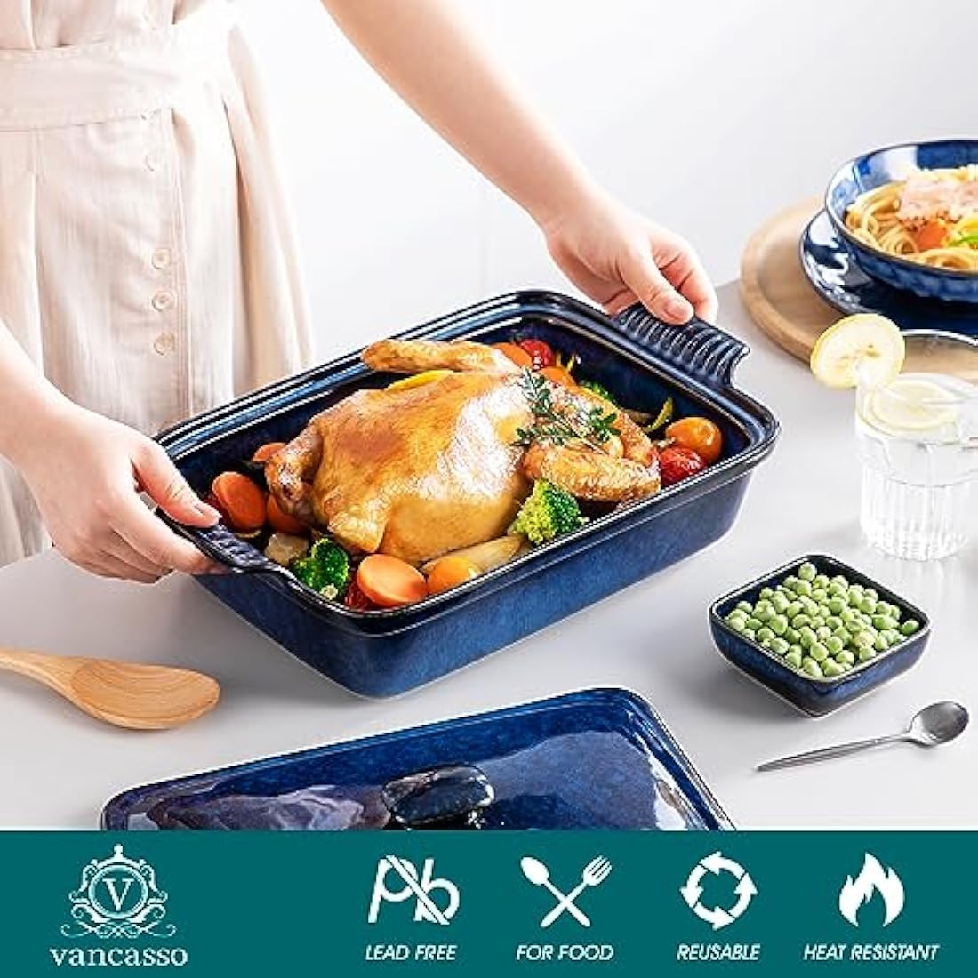 vancasso Starry 3.8 Qt Ceramic Casserole Dish with Lid | 9x13 Blue Stoneware