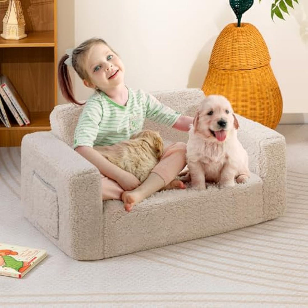 BEJOY Kids Sofa Bed – Extra Wide 2-in-1 Sherpa Toddler Couch, Light Grey