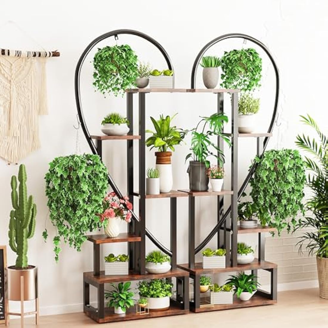 unho 6-Tier Heart Shaped Plant Stand – Tall Wood and Metal Flower Rack