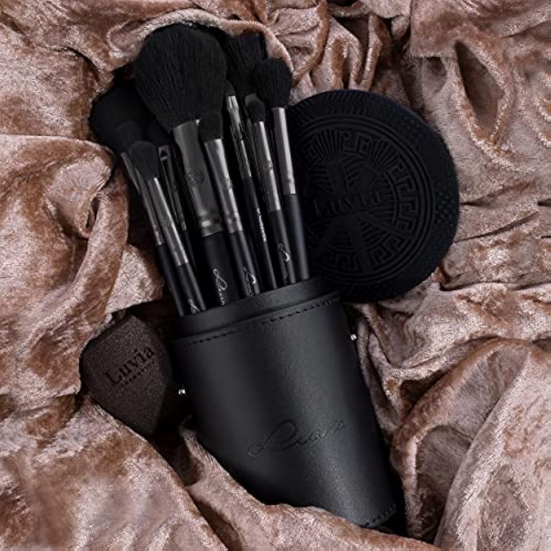 Luvia Prime Vegan 15-Piece Makeup Brush Set | Black & Rose Gold