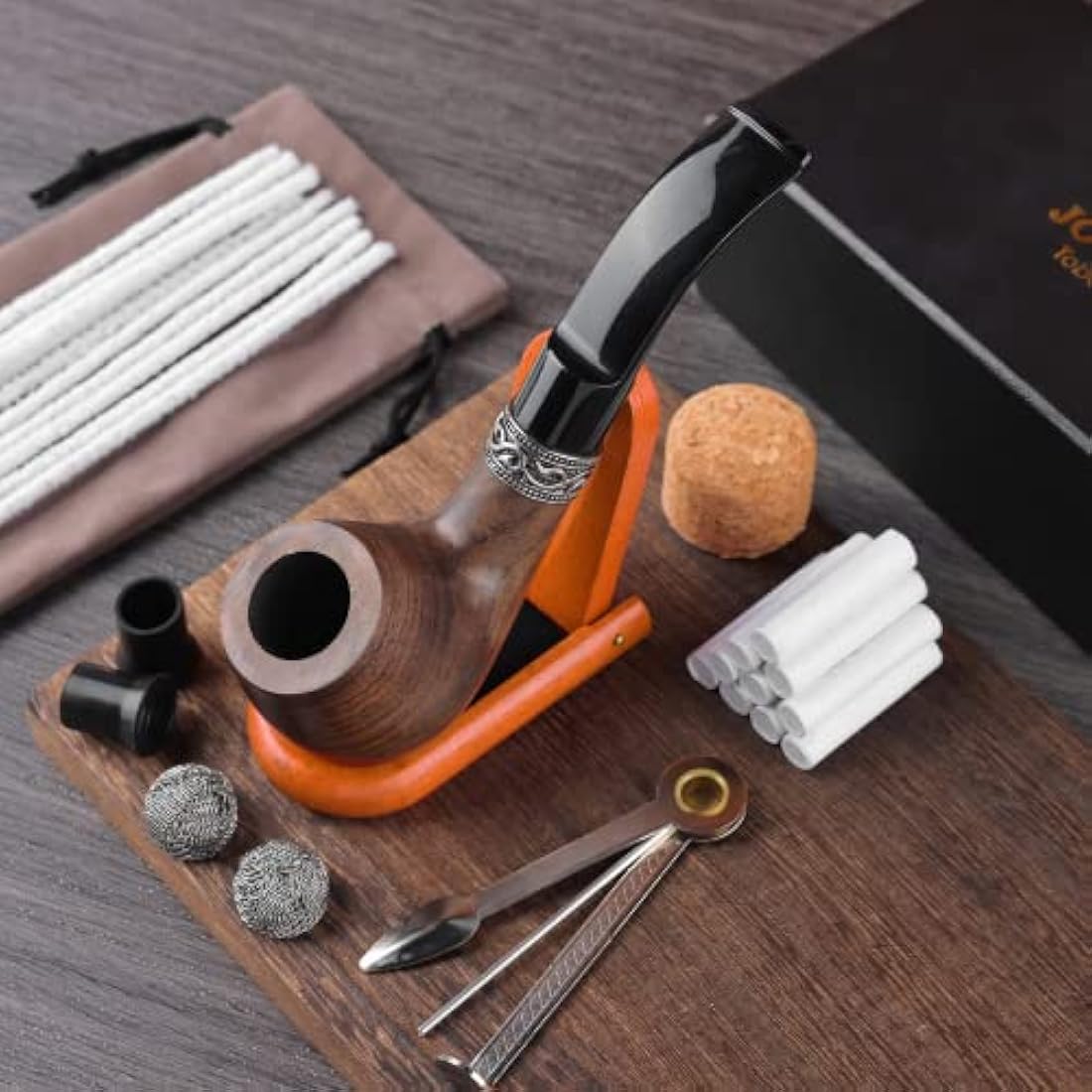 Joyoldelf Ebony Tobacco Smoking Pipe Set with Stand and 9mm Filters
