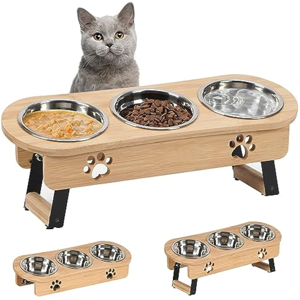 Raised Cat Feeding Station | 3 Stainless Steel Bamboo Bowls