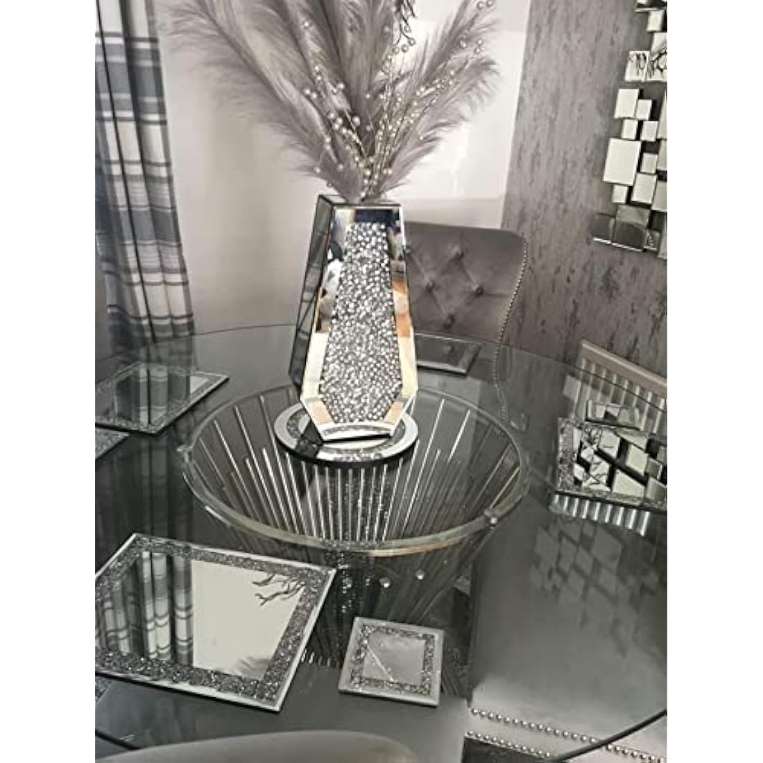 Jolof Store Silver Crushed Diamond Mirrored Floor Vase – 40cm Sparkle
