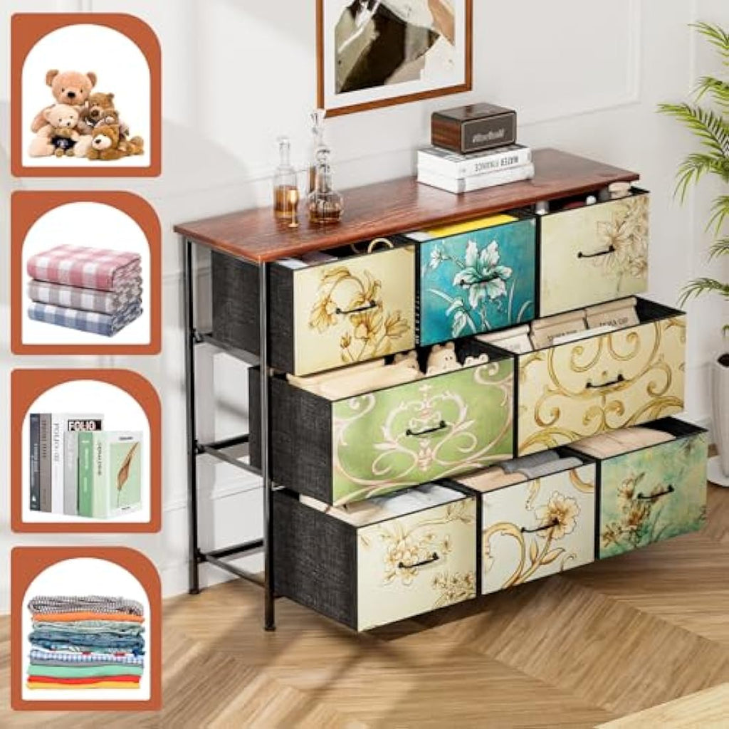 8-Drawer Fabric Dresser – Vintage Floral Storage Chest