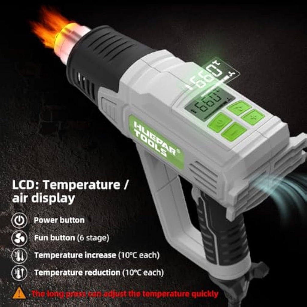 Huepar Tools 2300W Heat Gun - Digital LCD Hot Air Gun Kit with 10 Accessories