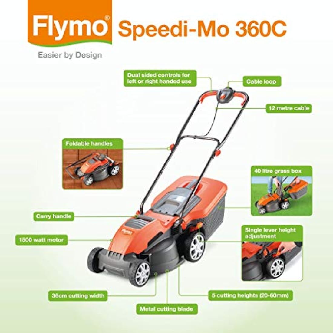 Flymo Speedi-Mo 360C Electric Wheeled Lawn Mower – 1500W, 36cm