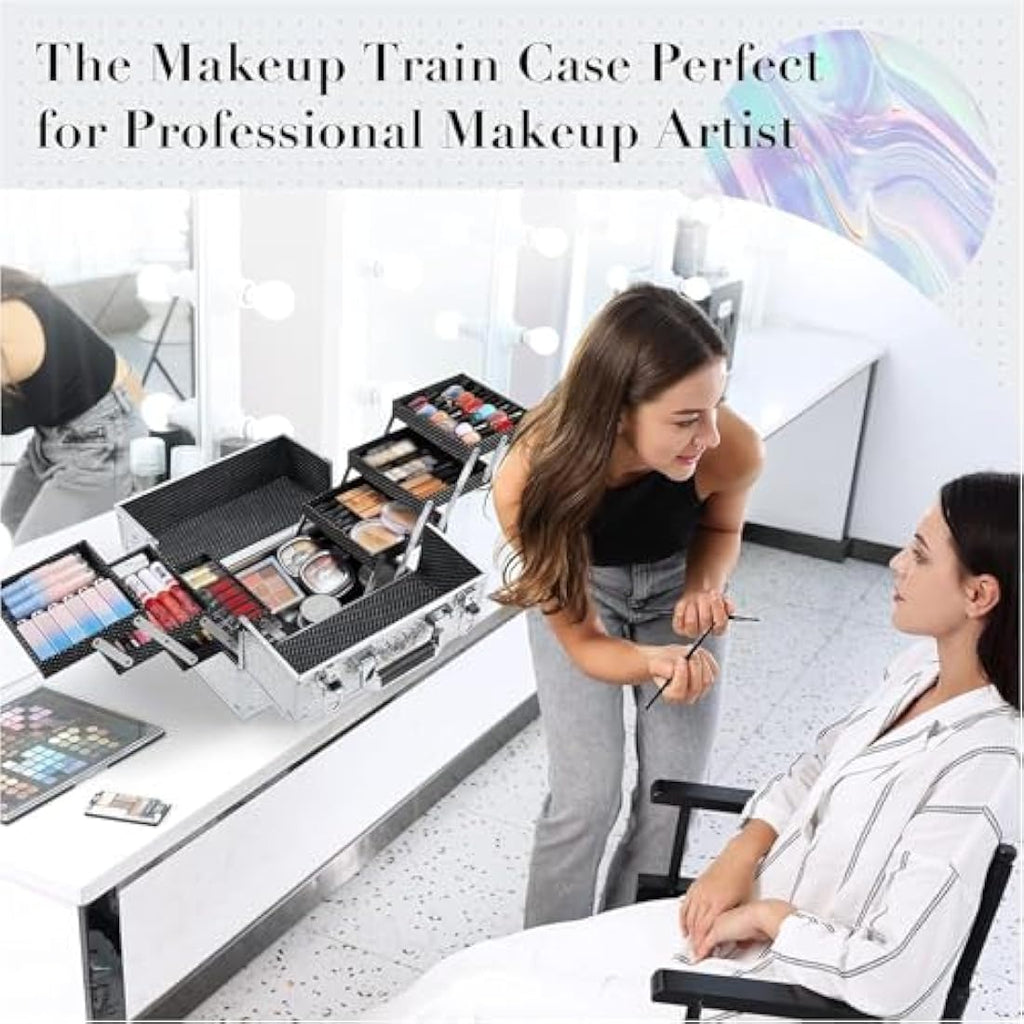 Frenessa 6-Tray Makeup Train Case | Silver Aluminum Cosmetic Storage Box