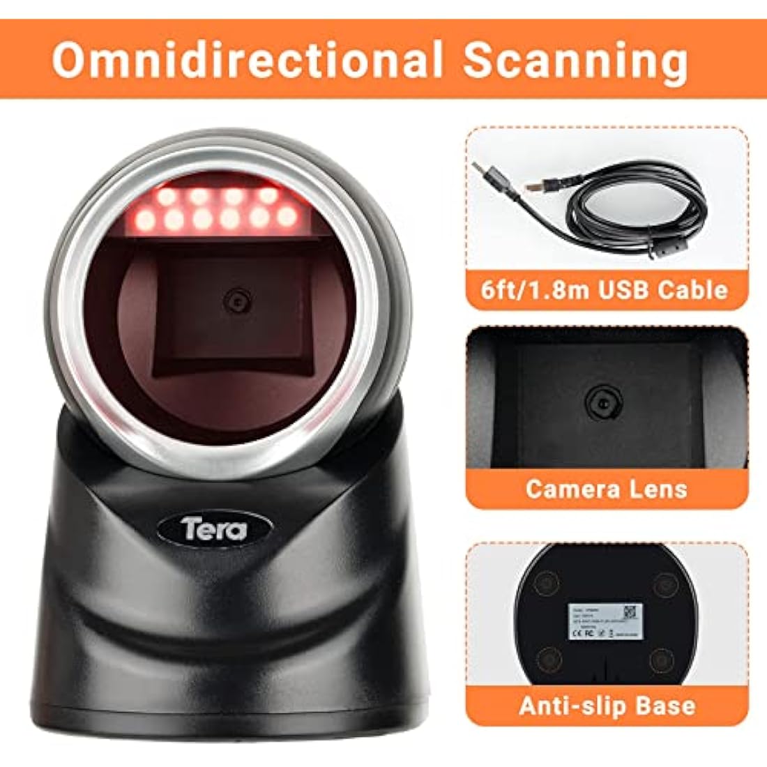 Tera 9100 2D QR Desktop Barcode Scanner – Handsfree Omnidirectional USB