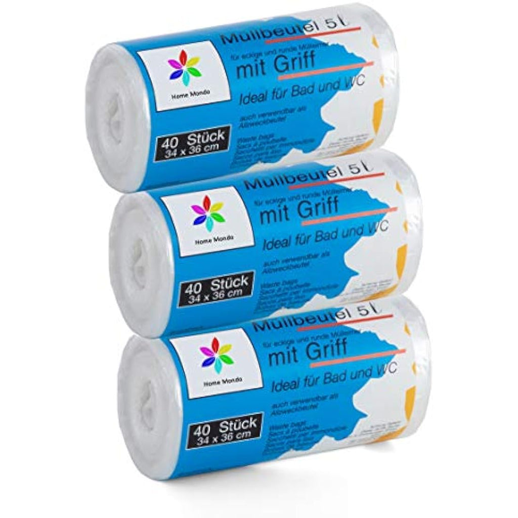 Sunmondo 5L Bin Liners with Handles – 120 Small Bathroom Trash Bags