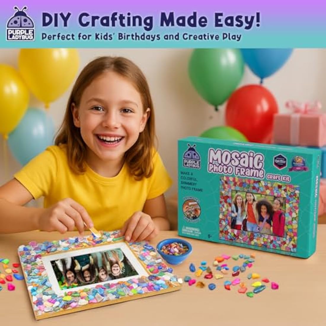 Purple Ladybug Mosaic Photo Frame Craft Kit for Kids Ages 6-12