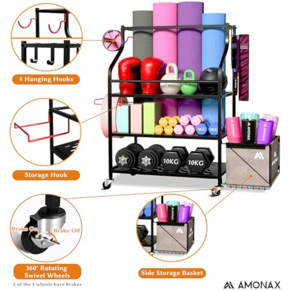 Amonax Home Gym Storage Rack | Mobile Iron Weight Stand & Fitness Organizer