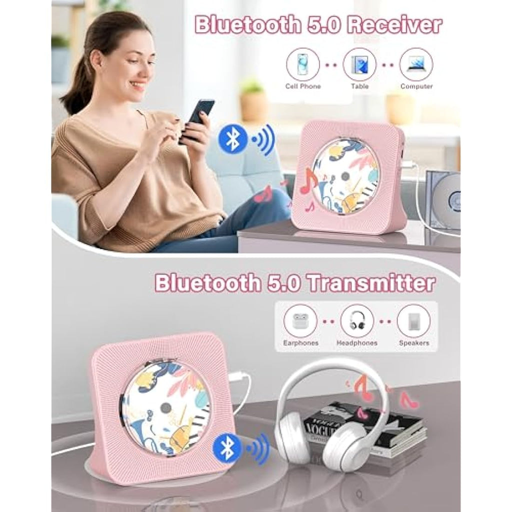Greadio Portable Desktop CD Player with Bluetooth 5.0 & HiFi Speakers – Pink