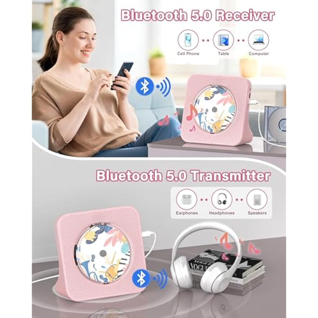 Greadio Portable Desktop CD Player with Bluetooth 5.0 & HiFi Speakers – Pink