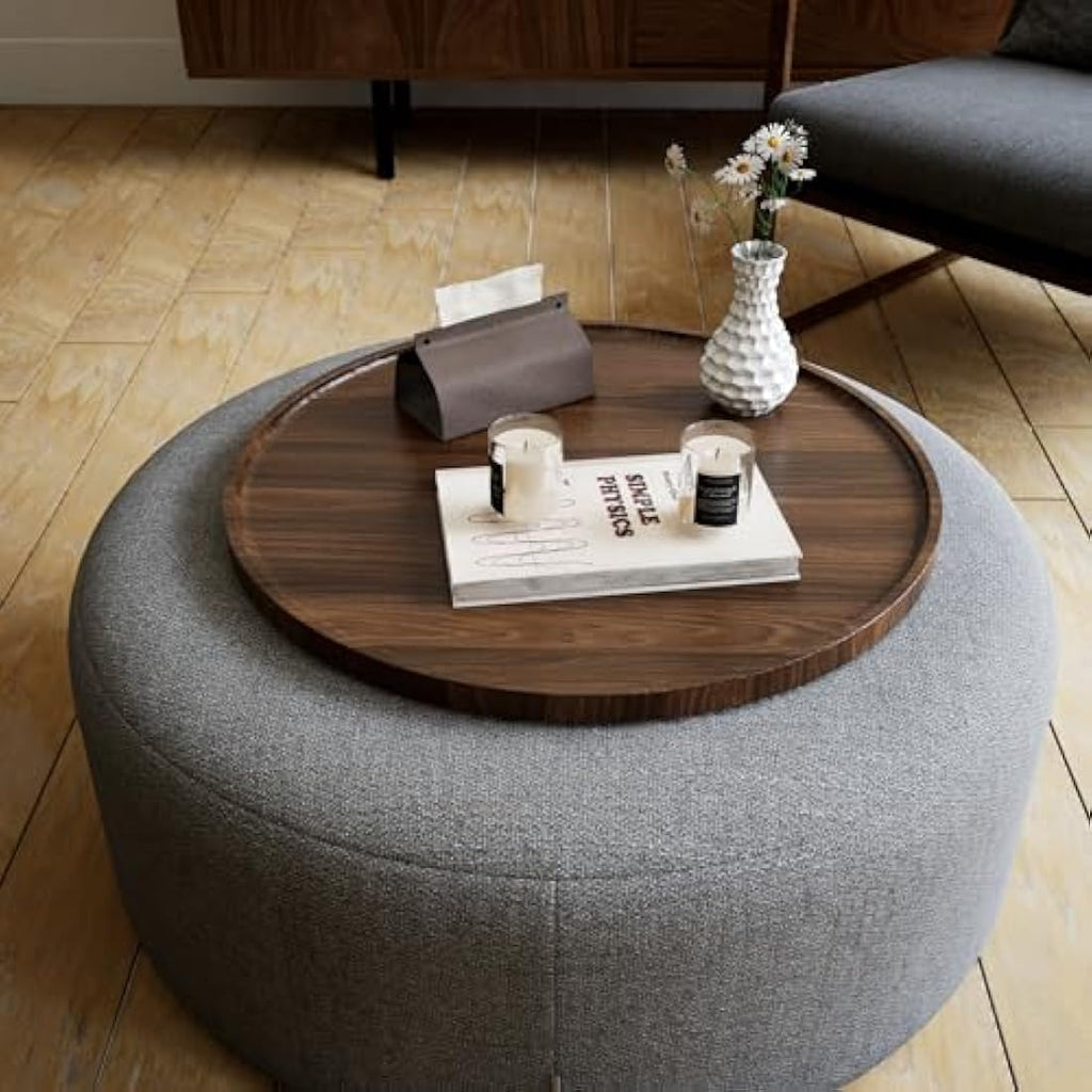 Hanobe Large Round Ottoman Serving Tray – 45cm Walnut Wood Coffee Table Tray