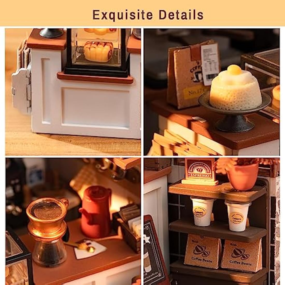 ROBOTIME DIY Wooden Miniature Coffee House Kit with LED Light - 1:24 Scale