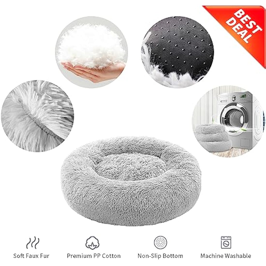 YOJOGEE Calming Donut Cat Bed – Washable Faux Fur Pet Bed, Grey 40cm