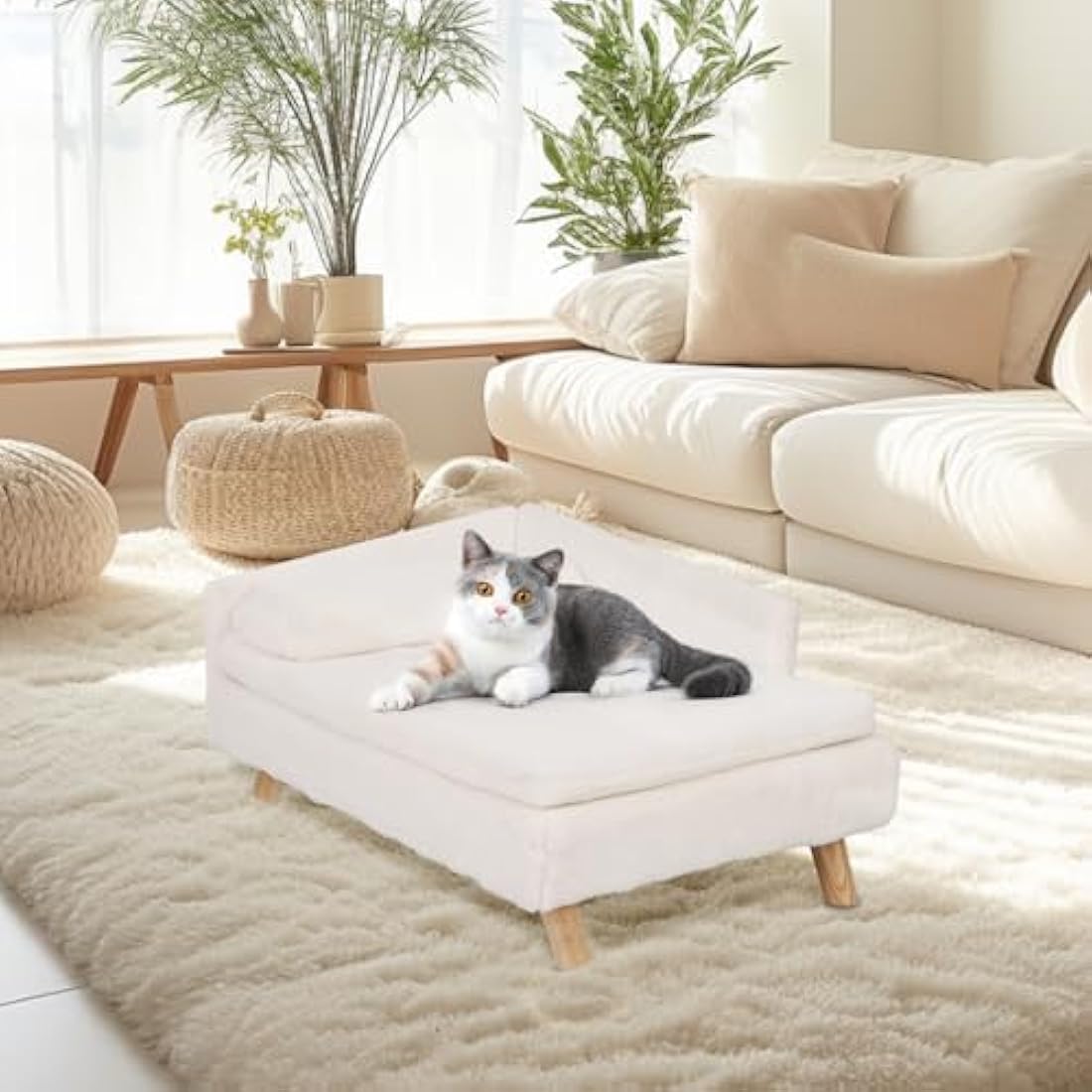 BingoPaw Elevated L-Shaped Dog Sofa Bed - Plush Wooden Pet Couch (M)