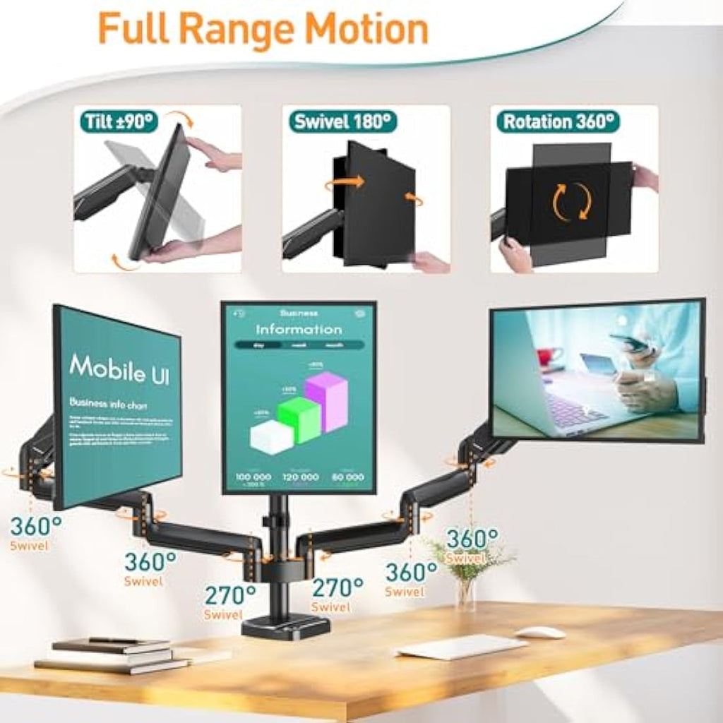 ELIVED Triple Monitor Arm – Gas Spring Desk Mount for 13-27 Inch Screens