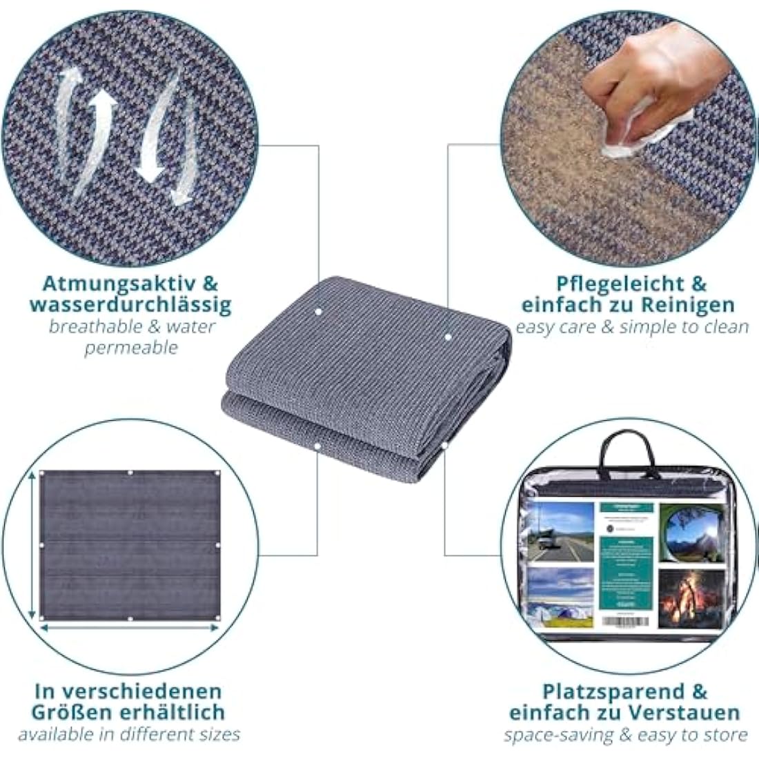 Valuents Awning Carpet – Blue/Grey HDPE Camping Rug with T-Pegs & Bag