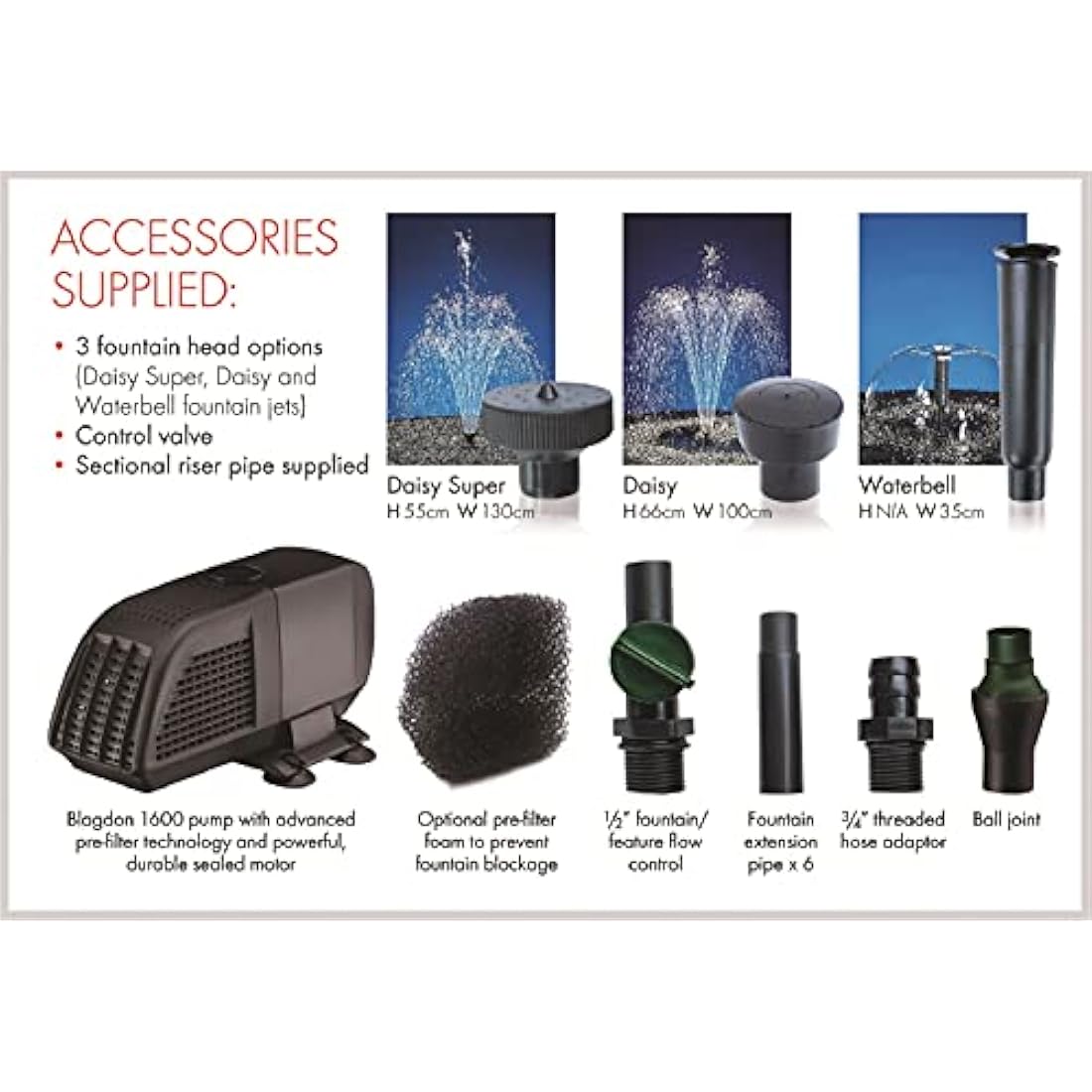 Blagdon Minipond 1600 Pond Pump | 3 Fountain Heads for Medium Ponds