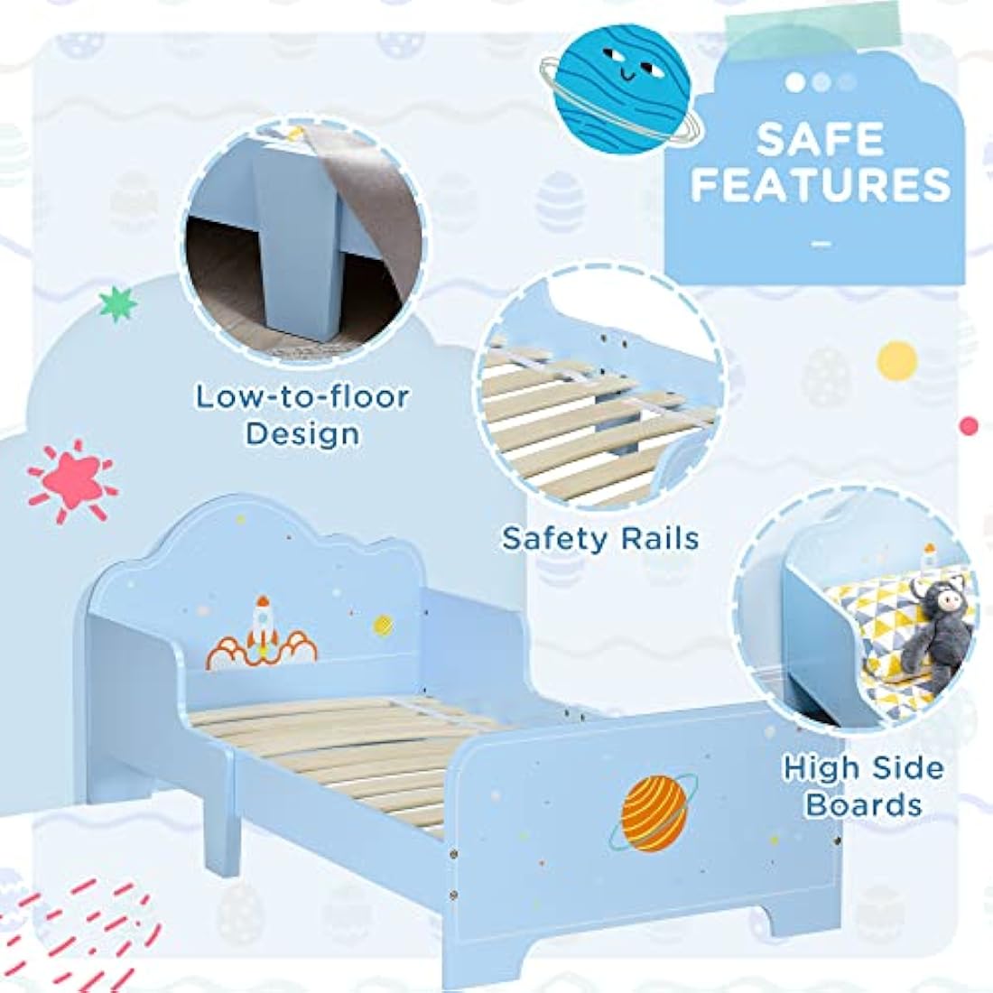 ZONEKIZ Kids Toddler Bed | Space Theme Blue Bed with Safety Rails