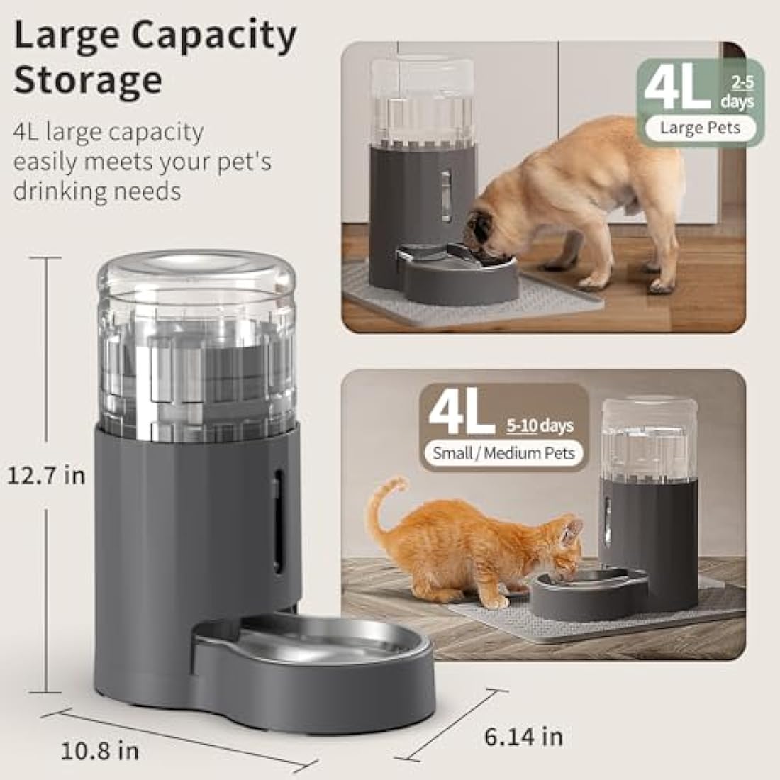 JUNSPOW 4L Gravity Cat Water Dispenser with Stainless Steel Bowl