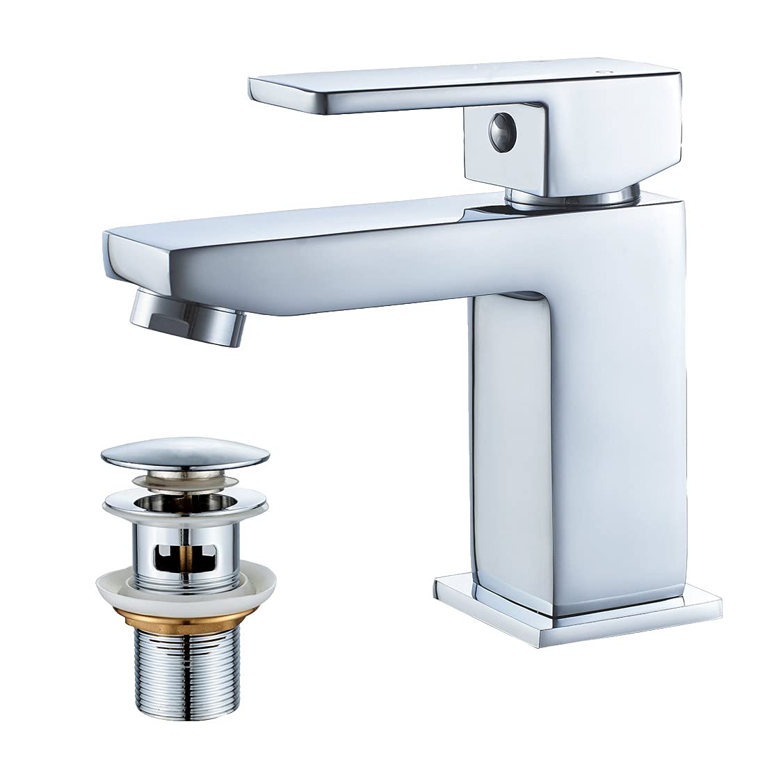 Luckyhome Square Basin Mixer Tap with Pop Up Waste | Chrome Brass