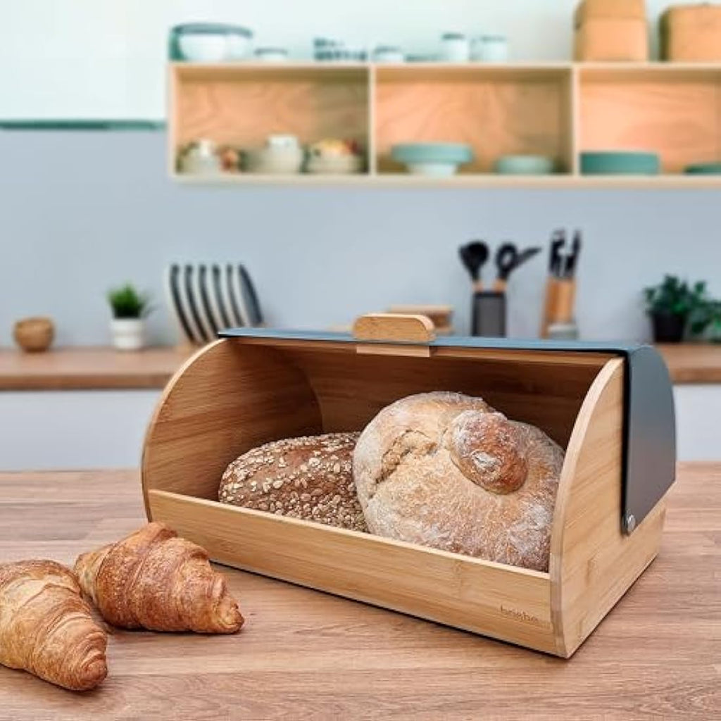Jolof Store Nordic Bread Box – Bamboo Wood Sliding Lid Bread Bin, Grey
