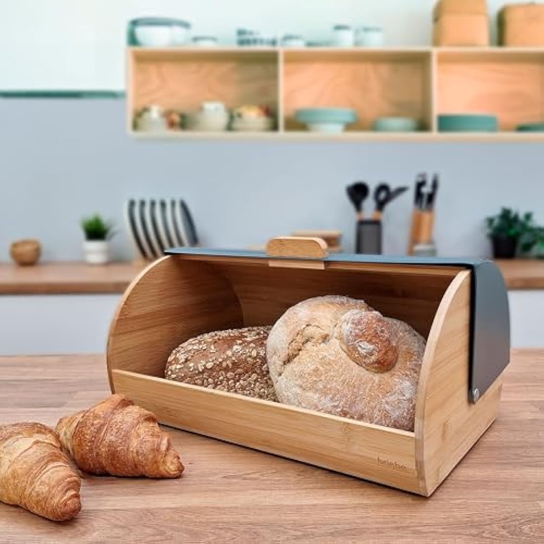 Jolof Store Nordic Bread Box – Bamboo Wood Sliding Lid Bread Bin, Grey
